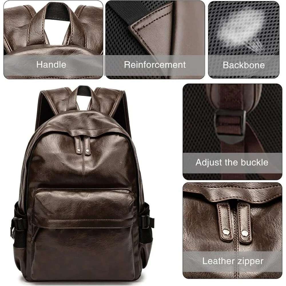 Men's Brown School College Book Bag Casual Day Pack Leather Laptop Backpack